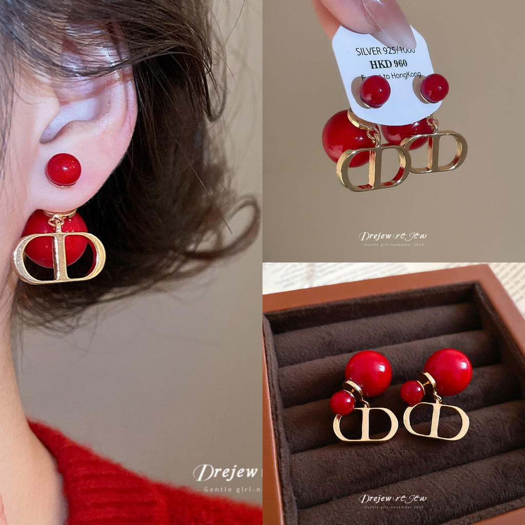 DREJEW ต่างหูผู้หญิง กรอบทอง ลูกปัดสีแดง สไตล์แฟชั่น สำหรับวันทุกวันและโอกาสพิเศษ