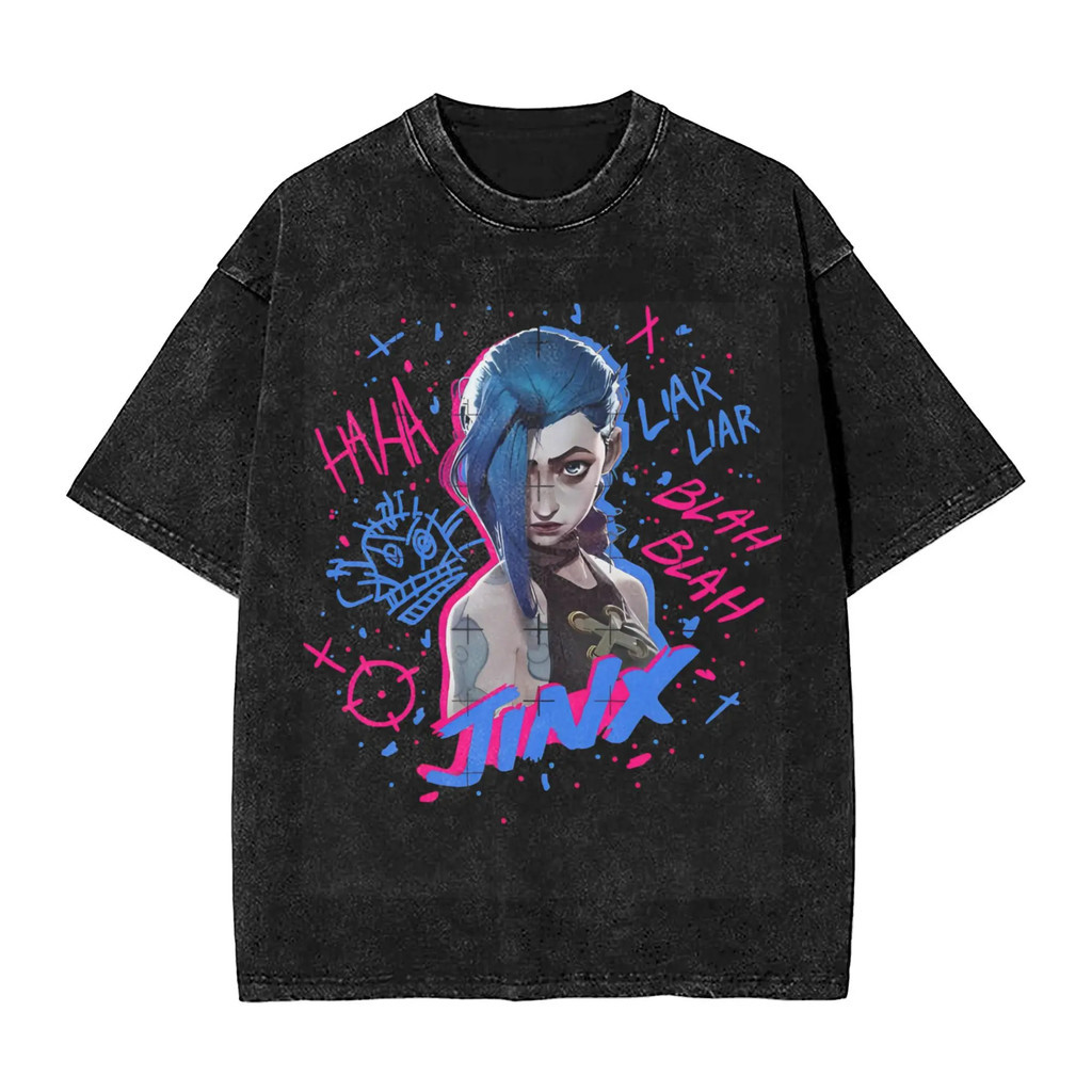 Arcane Jinx for game lover fans Merch Washed T Shirt Men Women Streetwear Hip Hop T-Shirt Printed Te