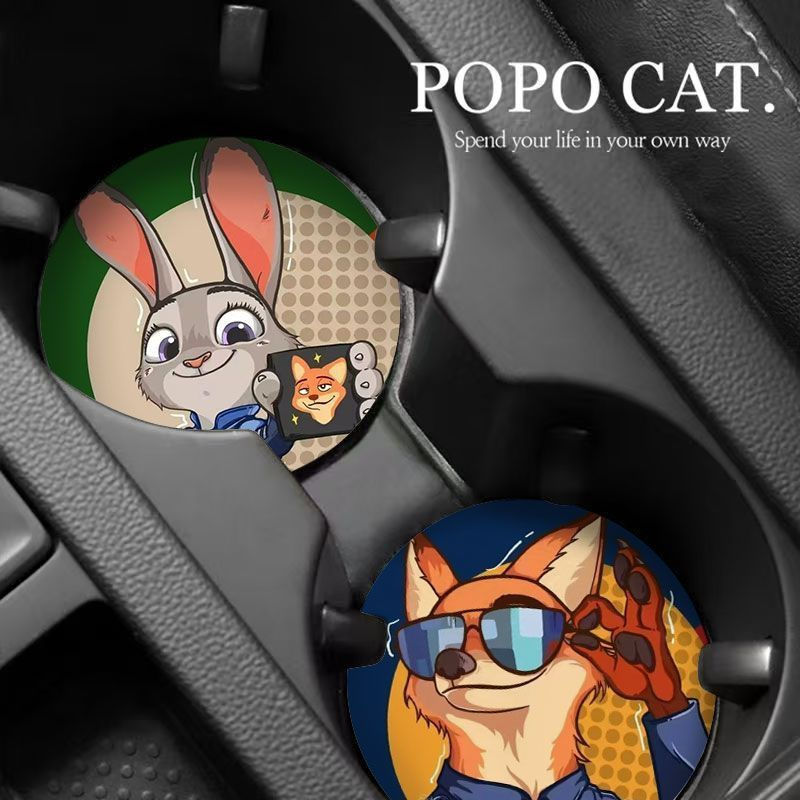 Zootopia Judy&Nick ที่รองแก้วรถยนต์คู่ แผ่นรองเก็บของ อุปกรณ์ตกแต่งภายในรถยนต์