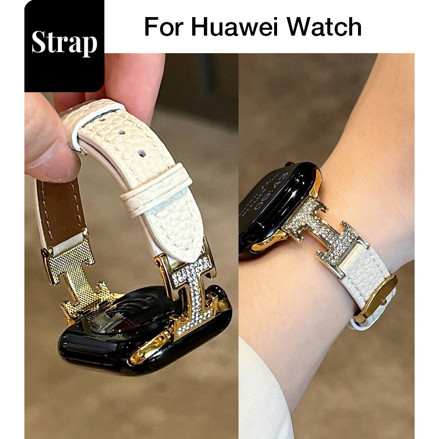 สุภาพสตรีอารมณ์ลิ้นจี่รูปแบบเพชร I-Shaped Buckle Slimmer ดูสายหนังแท้เหมาะสําหรับ Huawei Watch Fit 4