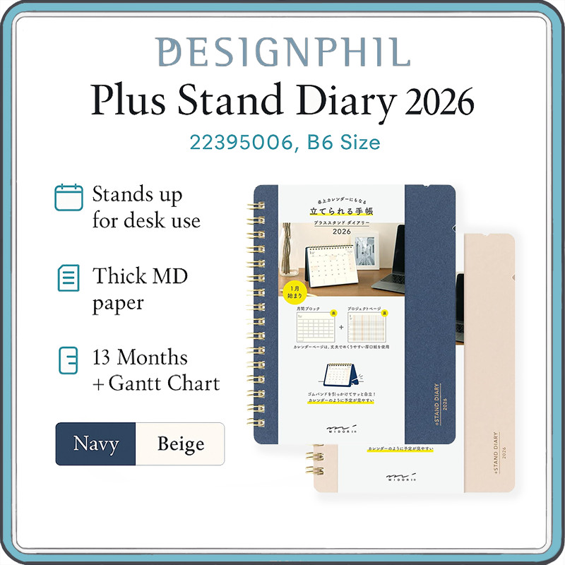 Midori Plus Stand Diary 2026 – B6 Monthly Planner & Stand Up Desk Calendar, 13 Month Gantt Pages, El