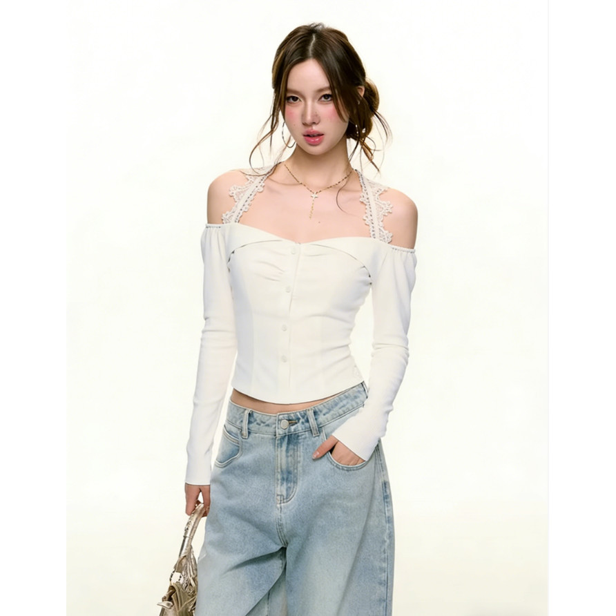 Fufu Sora.TH💕คลังสินค้าพร้อม💕เสื้อยืดแขนยาวสไตล์เกาหลีหวานเซ็กซี่ ทรงเข้ารูปช่วงเอว เปิดไหล่ ช่วยให้ดูผอมเพรียว - รูปที่ 3