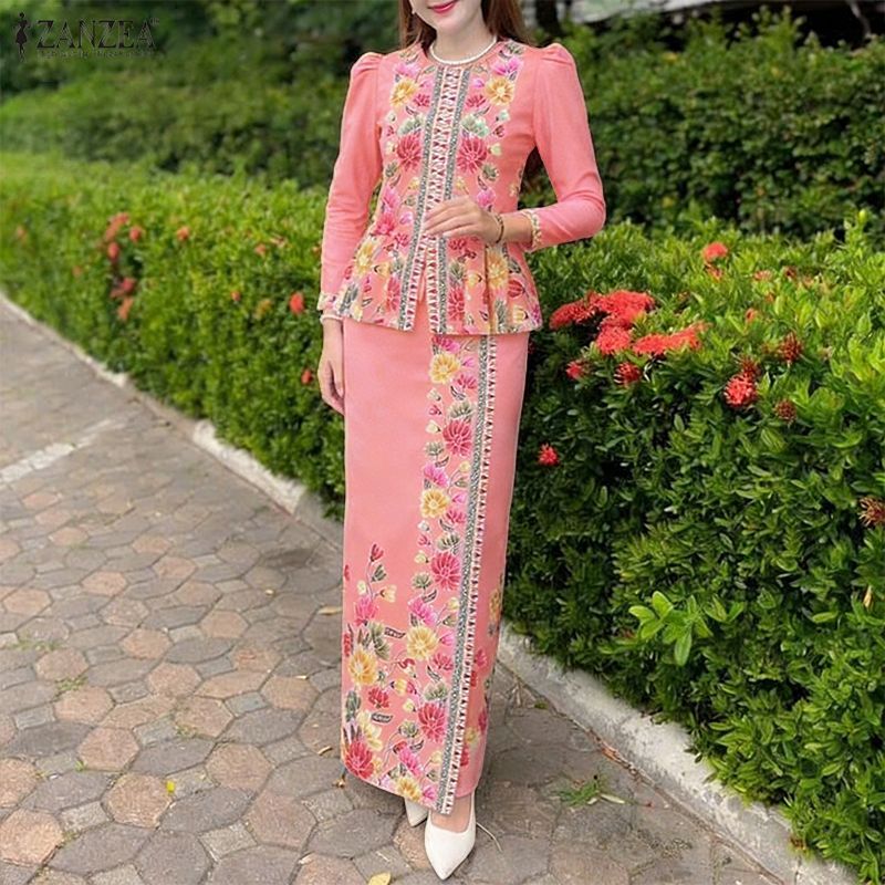 ZANZEA เสื้อเบลาส์พิมพ์ลายแขน 3/4 กับกระโปรงทรงตรงเอวยางยืด ชุดสองชิ้นสำหรับผู้หญิง — صورة 5