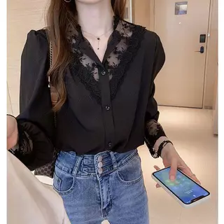 mimi&didi#เสื้อเบลาส์ลูกไม้สีดำดีไซน์คอวี เสื้อชั้นในแขนยาว สไตล์ทันสมัยและหรูหรา สำหรับผู้หญิง#99293