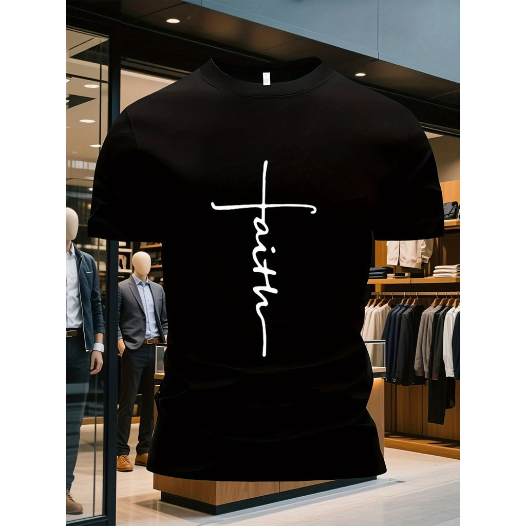 ผู้ชาย เสื้อยืดสีดำขนาดใหญ่พิเศษ ลายกางเขนสีขาว "Faith" - เสื้อแขนสั้นที่เบาและระบายอากาศได้