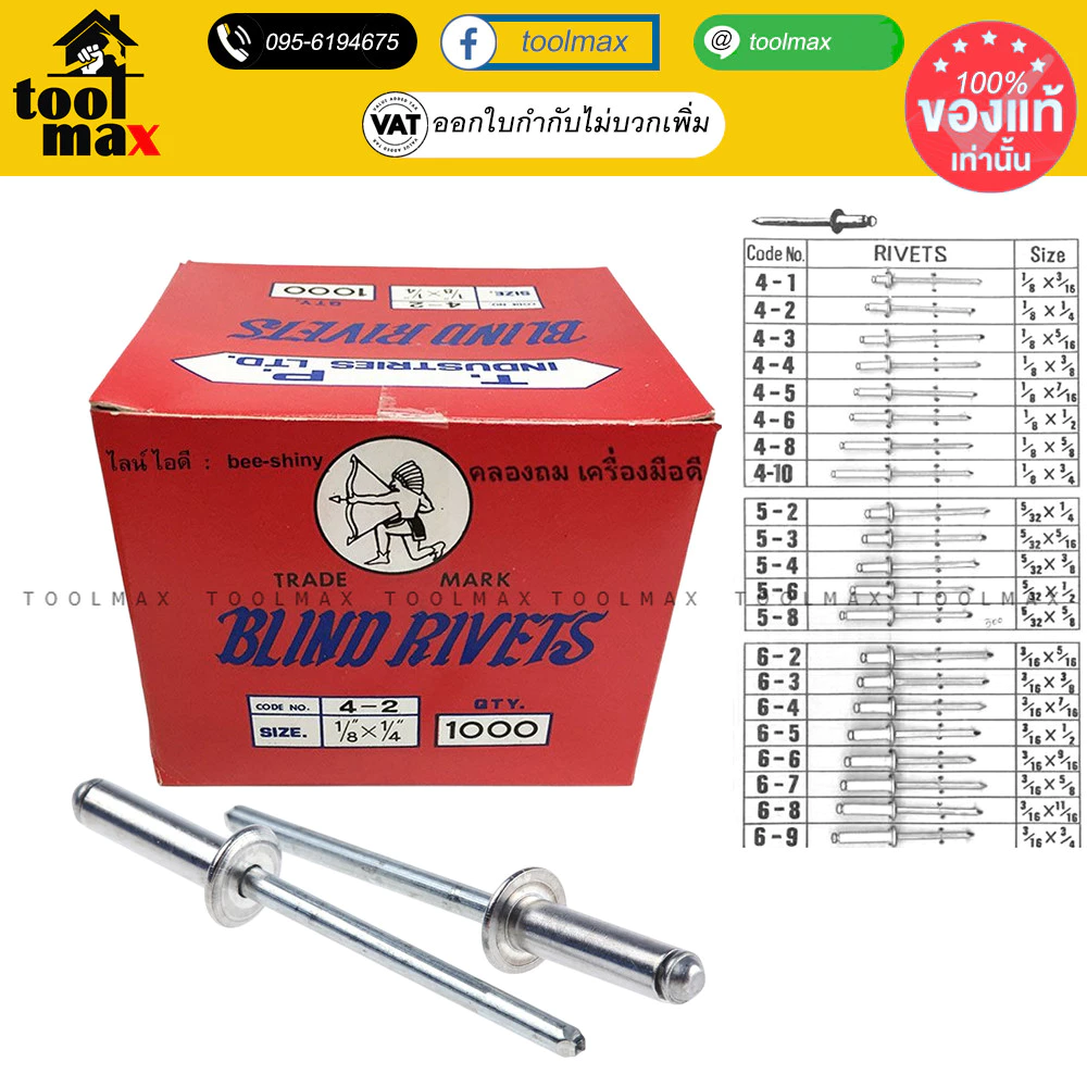 ตะปูยิง BLIND RIVETS ตราคนป่า (สีอลูมิเนียม) ตะปูยิงรีเวท สกรูยิงรีเวท( เบอร์4 1000ตัว)
