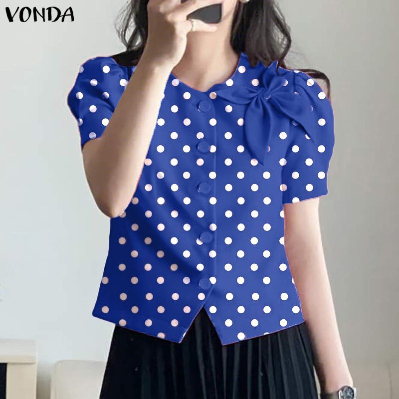 VONDA ผู้หญิงเกาหลีลําลองรอบคอสามมิติลายดอกไม้ลายจุดแขนสั้นทอผสมเสื้อรูปตัว H — صورة 4