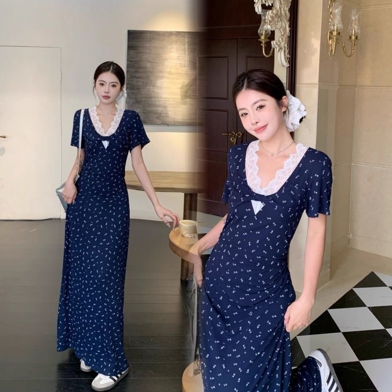 Pure Desire สไตล์สีกรมท่าดอกไม้ V คอ Slim-fit Slimmer ดูชุดผู้หญิงฤดูร้อนญี่ปุ่นลูกไม้กระโปรงยาว GNR