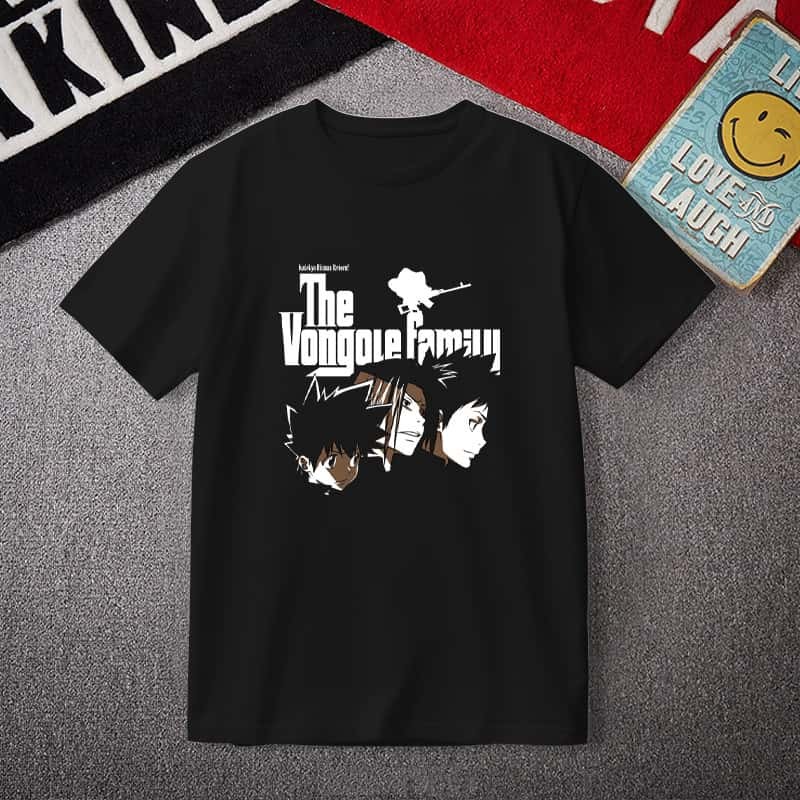 เสื้อยืด  Hitman Reborn! วองโกเล่แฟมิลี่ Vongola Family ลาย Tsuna Hibari Gokudera เสื้ออนิเมะฮิตสีดำ