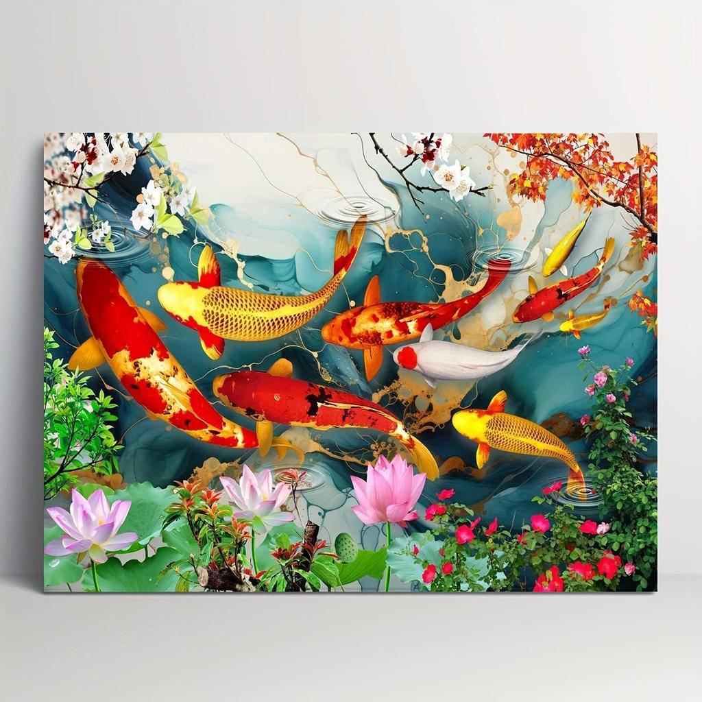 ผ้าใบศิลปะผนัง,ปลาคาร์ฟและโลตัส,กรอบ,30x40ซม.,ตกแต่งบ้านฮวงจุ้ยนามธรรม,ด้วยสําเนียงทอง,เหมาะสําหรับห้องนั่งเล่น,ห้องนอนหรือห้องรับประทานอาหาร,ภาพวาดโป