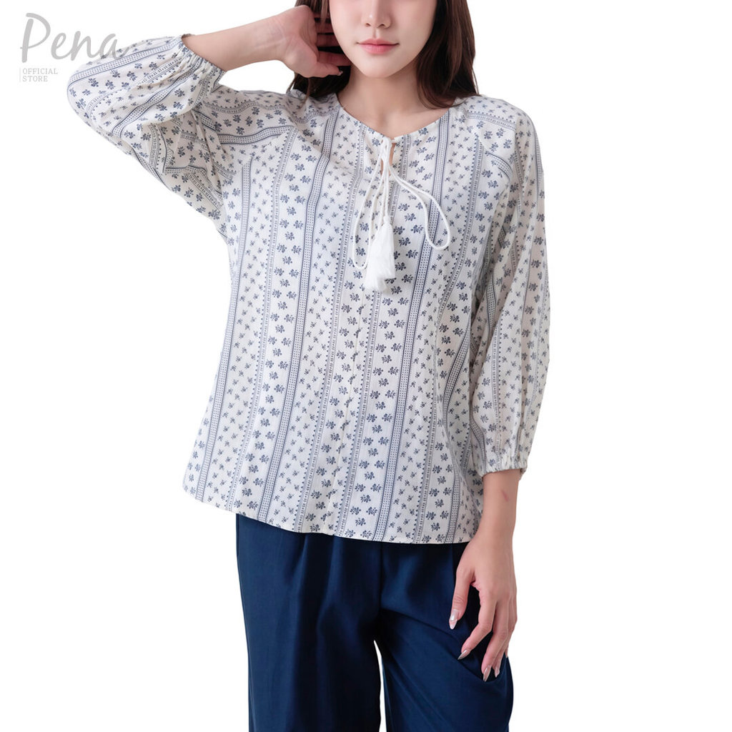 Pena house เสื้อเบลาวส์แขนสามส่วนลายดอกไม้-ลายทาง สไตล์โบฮีเมียน POSL012601