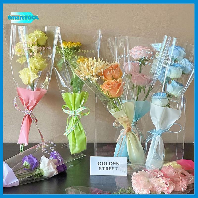 UTZN> 10 ชิ้นแขนกุหลาบเดี่ยวถุงห่อดอกไม้ช่อดอกไม้ Paaging กระเป๋า Clear Cellophane Floral Wrappers สําหรับวันวาเลนไทน์ใหม่