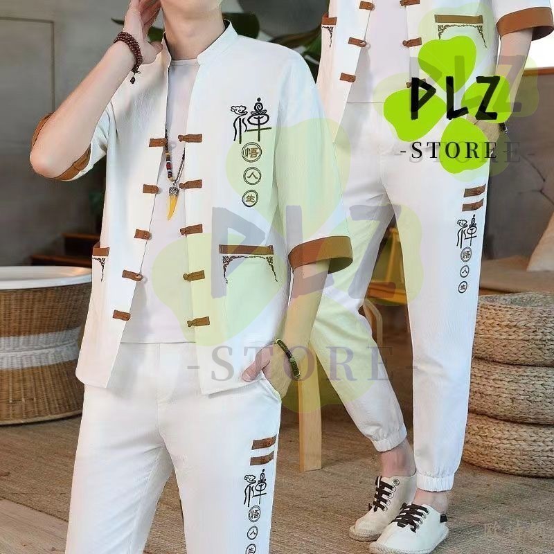 男 Dang 2026 CNY ฤดูร้อนชุดสไตล์เสื้อสเวตเตอร์ถักผู้ชายเสื้อยืดแขนสั้น Stand-Up Collar Tang Suit Tang