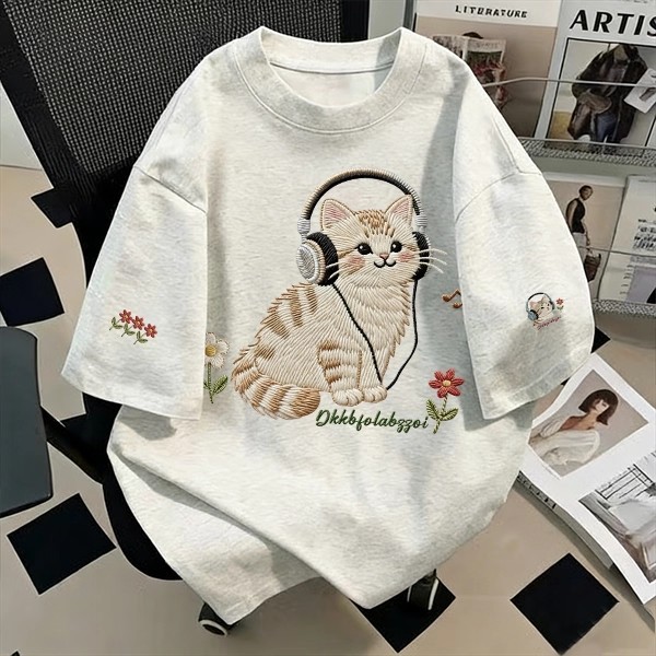 Su.Tee สื้อยืด oversize เสื้อแฟชั่น เกาหลี โคตรนุ่ม เนื้อผ้าฝ้ายผสม ลาย "Headphone Cat" สินค้าใหม่ 2026