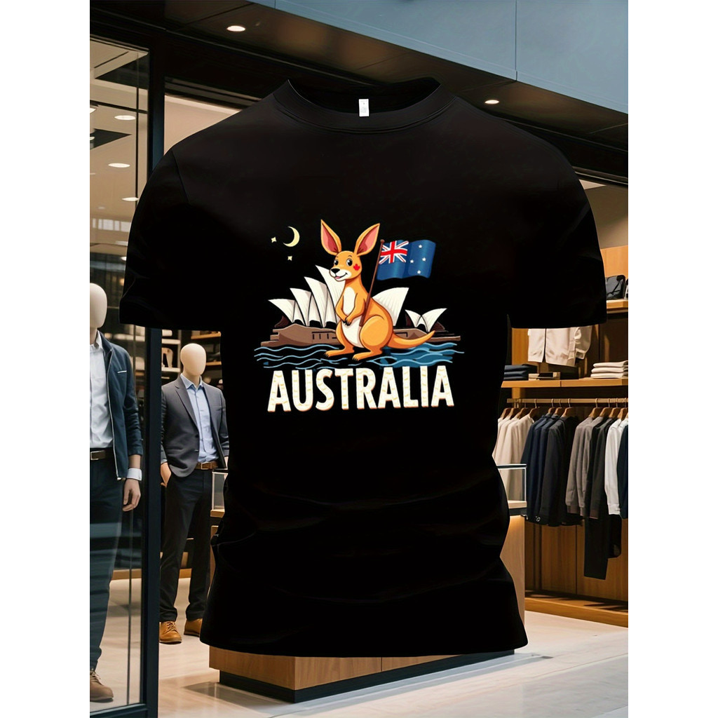 ผู้ชาย เสื้อยืดธีมออสเตรเลียขนาดใหญ่และสูง - จิงโจ้, โรงละครซิดนีย์และพิมพ์ธงออสเตรเลีย เสื้อยืดลำลอง เสื้อท็อปเบา