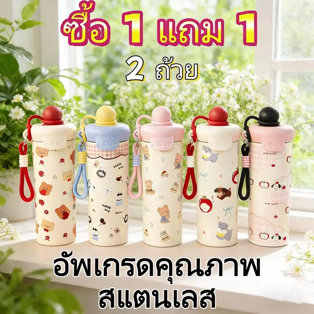 【ซื้อ 1 แถม 1】แก้วเก็บน้ำร้อนสแตนเลส ความจุขนาดใหญ่ ถ้วยน้ำแข็ง ไม่รั่วซึมด้านข้าง ทนตก สีไม่ลอก