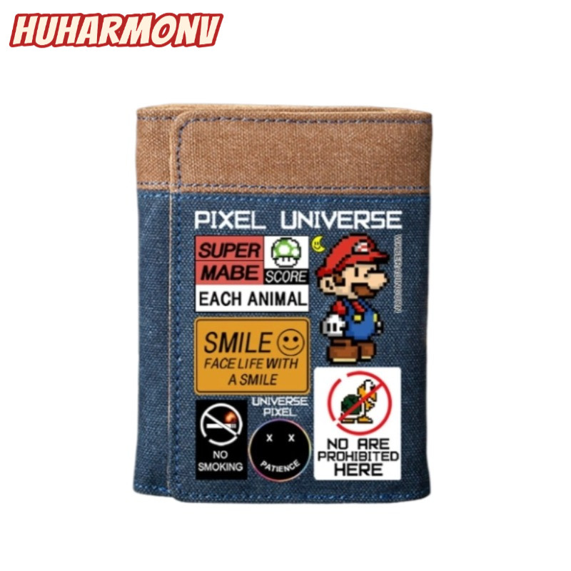 กระเป๋าสตางค์ Harmonv Super Mario สำหรับผู้ชาย ทำจากผ้าเดนิมสามพับ มีช่องใส่การ์ดอย่างทนทาน