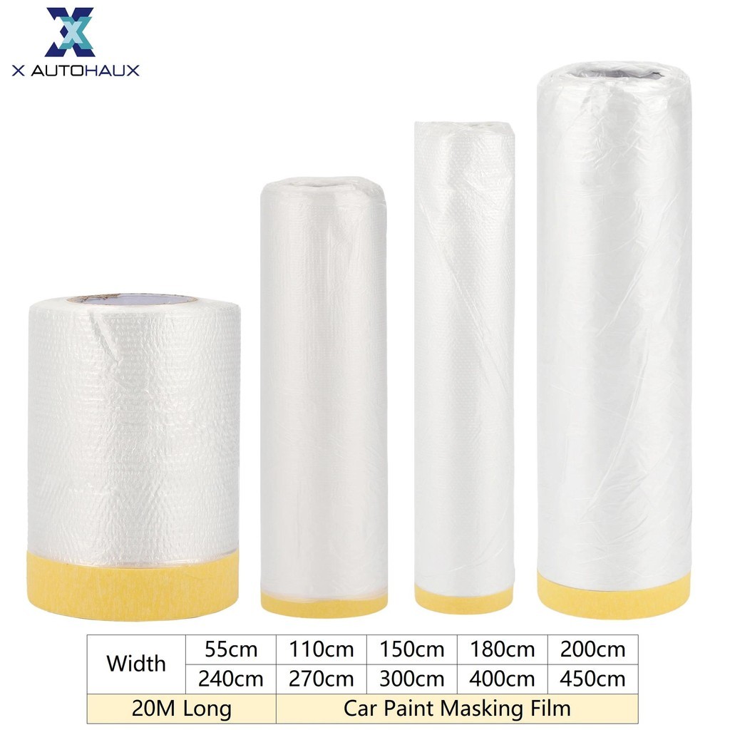 X Autohaux 20M ยาว 55 ซม.-450 ซม.ความกว้างสีรถกาวฟิล์มป้องกันพลาสติก Pre-Taped Masking PE ฟิล์มกระดา