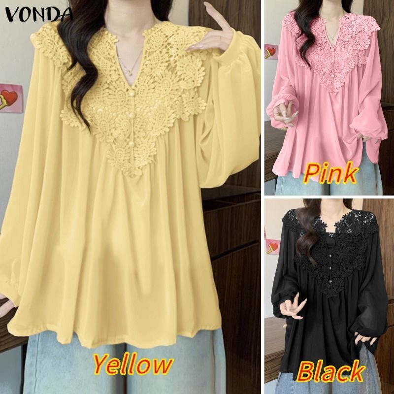 VONDA เสื้อลาย_patchwork_แขนลูกไม้ สไตล์เกาหลีอ่อนโยน สำหรับผู้หญิง — صورة 3