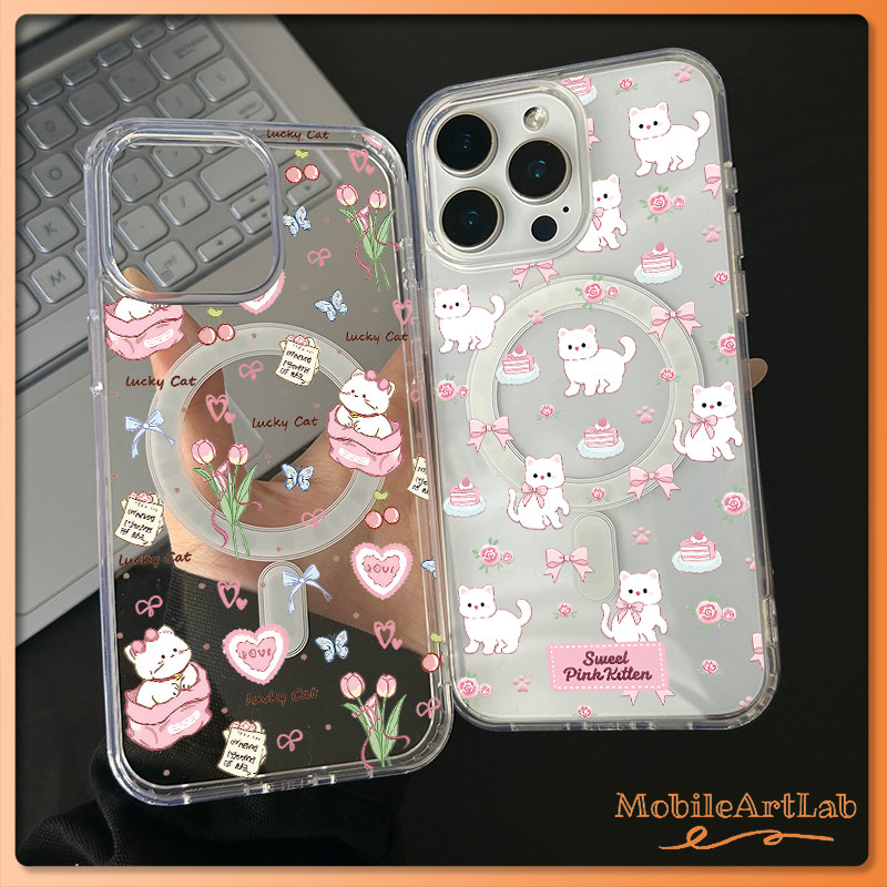 สำหรับ เคสไอโฟน 13 12 11 iPhone 17 16 15 14 PRO MAX 7/8PLUS แมวชมพู แม่เหล็ก  แอปเปิ้ลโทรศัพท์ จัดส่งจากประเทศไทย