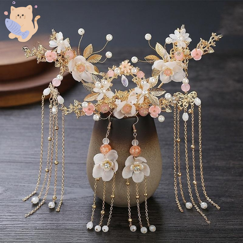 เครื่องประดับผม Headwear ชุด Hairpins ต่างหู Hanfu คลิปผมดอกไม้พู่จีนคริสตัลหวีผม/Multicolor
