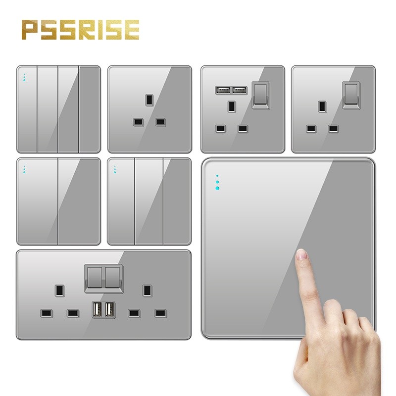 PSSRISE ซ็อกเก็ตสีเทาซ็อกเก็ตมาตรฐานทั่วไป 1/2/3/4Gang สวิตช์พร้อมพอร์ตชาร์จ USB คู่แผงกระจกนิรภัย-G19