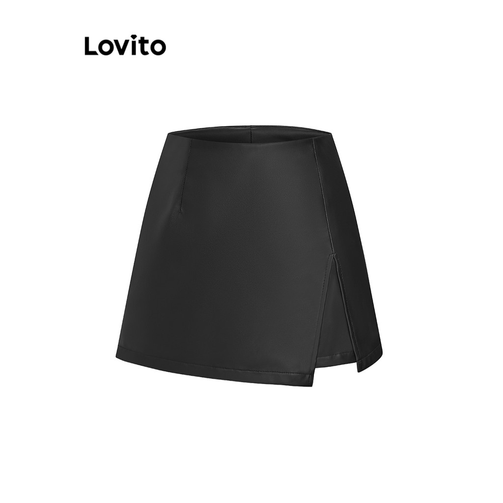 Lovito กางเกงขาสั้นลําลองซิปธรรมดาปลอม 2 ใน 1 กางเกงขาสั้นสําหรับผู้หญิง L58AD065 (สีดํา) ราคา ถูกที่สุด ดีลบีเคเค แกลเลอรีภาพที่ 2