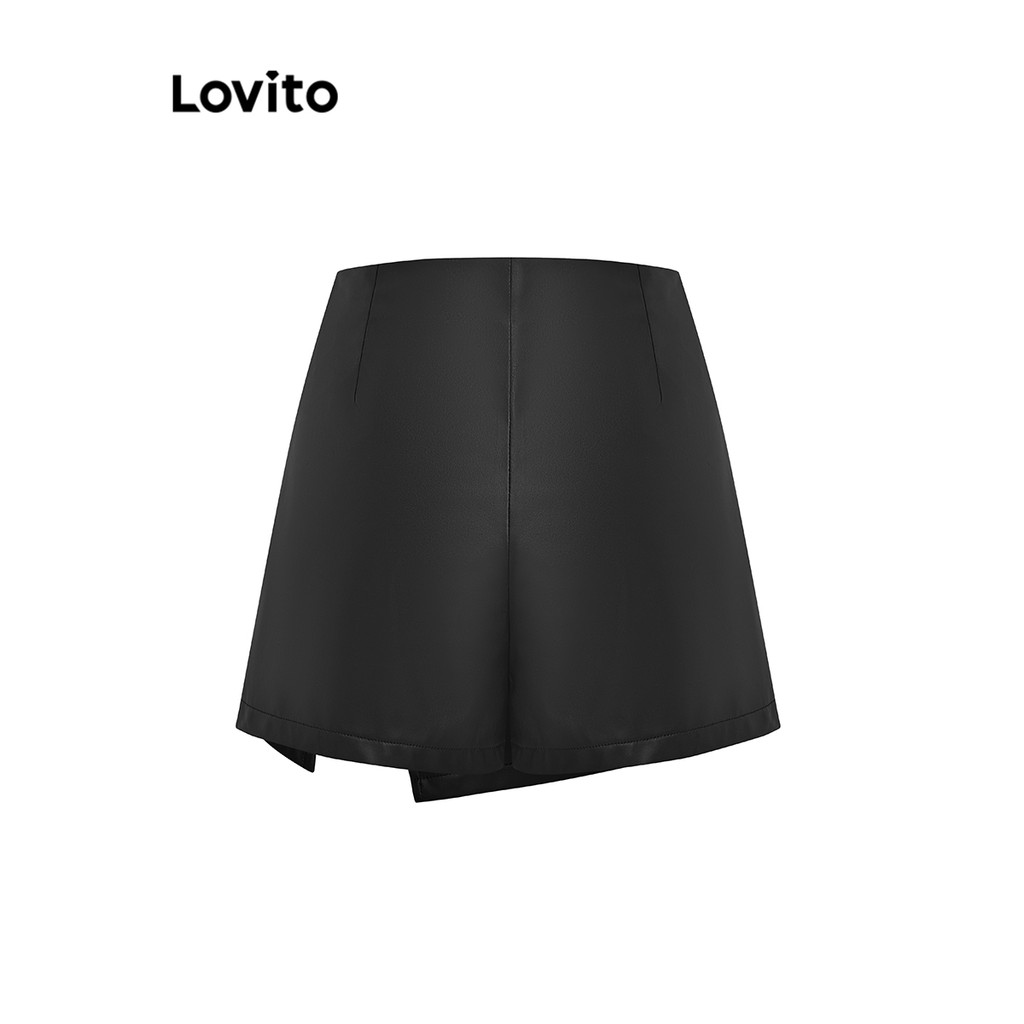 Lovito กางเกงขาสั้นลําลองซิปธรรมดาปลอม 2 ใน 1 กางเกงขาสั้นสําหรับผู้หญิง L58AD065 (สีดํา) ราคา ถูกที่สุด ดีลบีเคเค แกลเลอรีภาพที่ 3