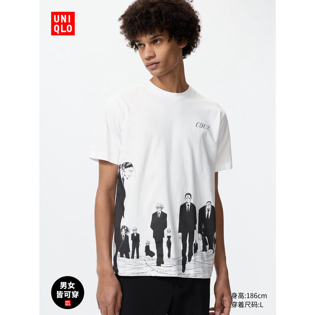 เสื้อยืดแขนสั้นคอกลม ลายอนิเมะสีดำและขาว ขนาดหลวม เหมาะสำหรับทุกเพศ