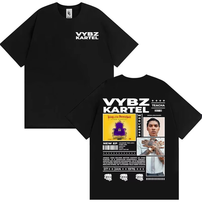 เสื้อยืดสไตล์เรโทรฮิปฮอปสำหรับผู้ชายและผู้หญิง เสื้อยืดท็อป เสื้อยืดสำหรับแร็ปเปอร์ นักร้อง Vybz Kar