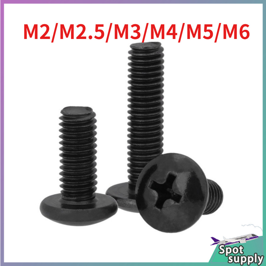 สีดําขนาดใหญ่หัวแบนข้ามสกรูหัวร่มกึ่งรอบหัวสกรูหัวเห็ดเครื่องแบนขนาดใหญ่M2/M2.5/M3/M4/M5/M6*L3-50 มม