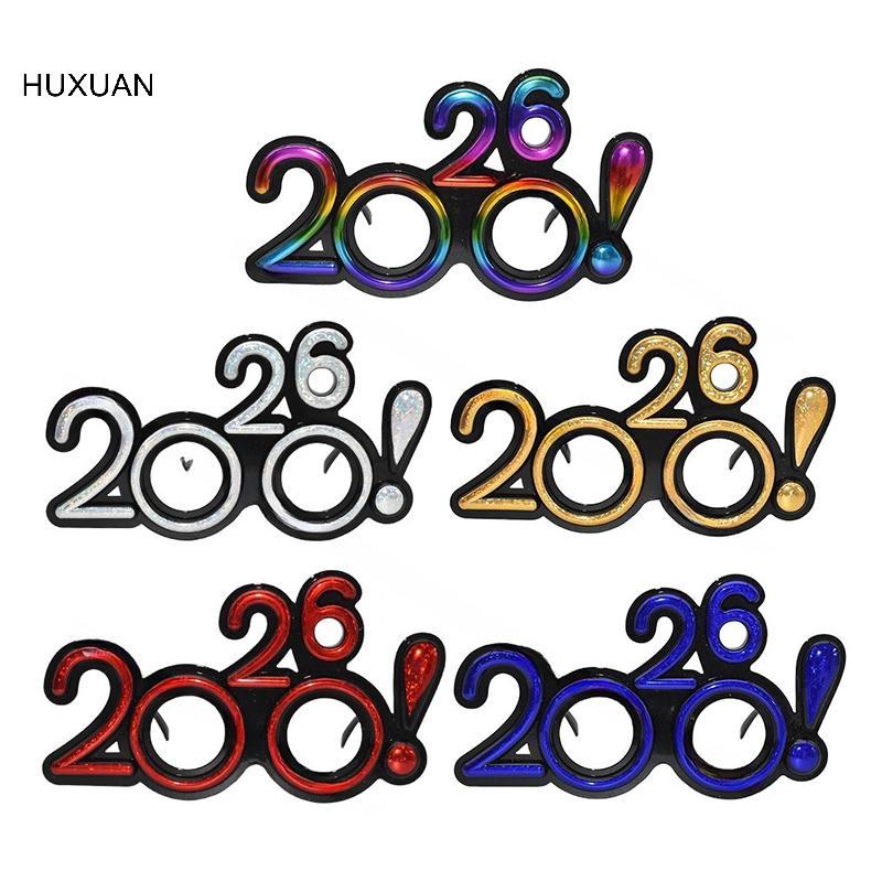 HUXUAN 2026 แว่นกันแดดกลิตเตอร์สวัสดีปีใหม่, พร็อพคอสเพลย์เพชรสําหรับปาร์ตี้คริสต์มาส RFT