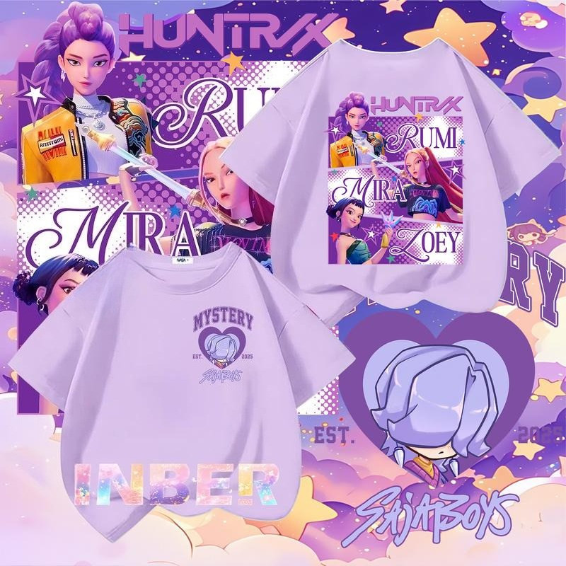 เสื้อยืดสำหรับเด็กและวัยรุ่น Kpop Demon Hunters ทำจากผ้าฝ้าย แขนสั้น สไตล์ Huntrix Boys01 100-150