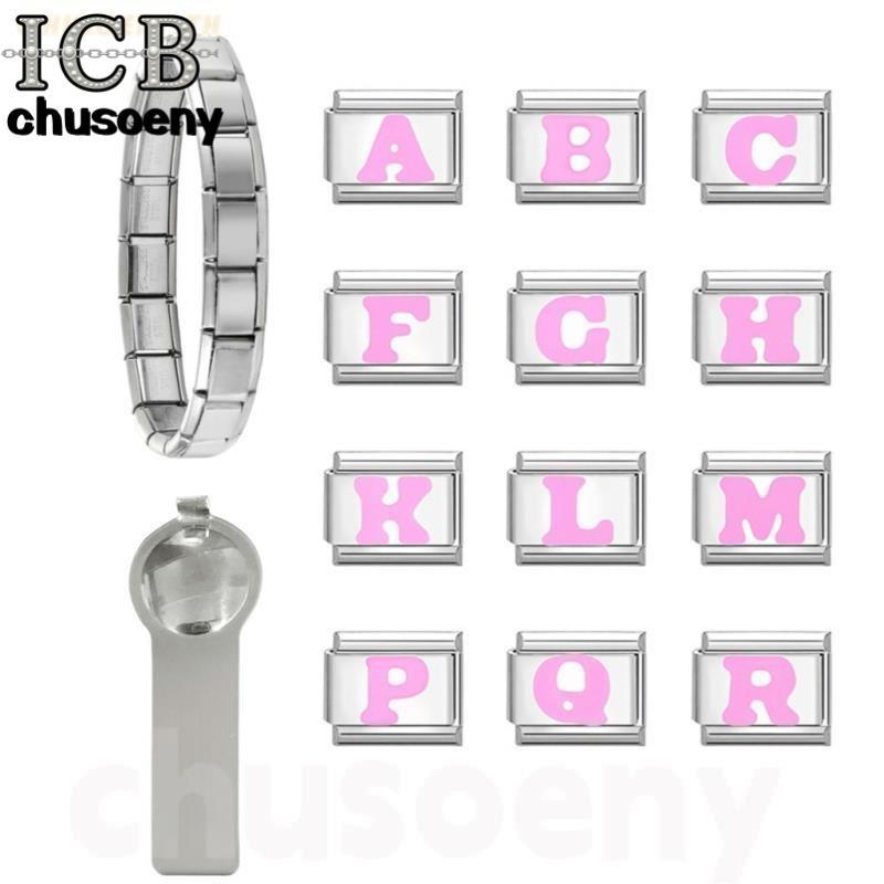 ยอดนิยมรักสีชมพูตัวอักษรอิตาเลี่ยน Charm Links Fit สร้อยข้อมือสแตนเลส 9 มม.ทําเครื่องประดับ