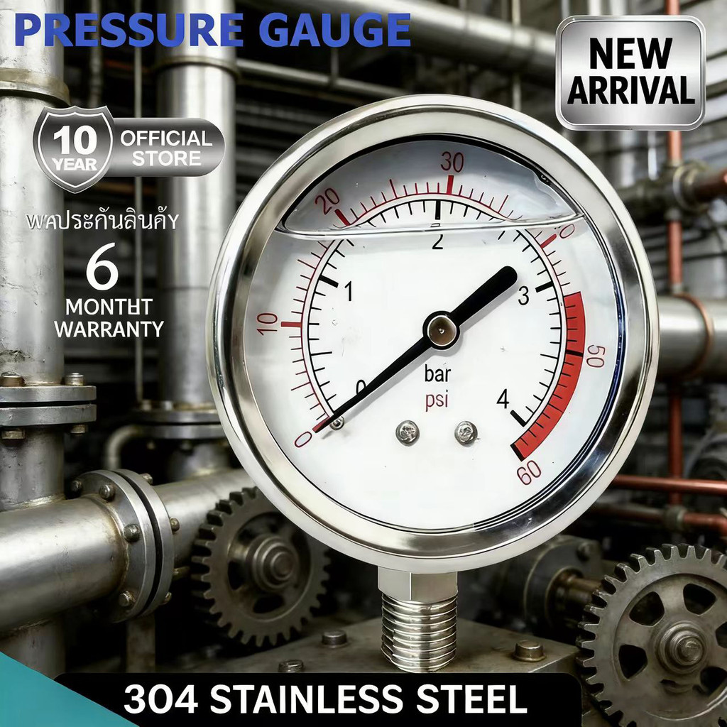 วัสดุสแตนเลส 304 เกจวัดแรงดันคุณภาพสูง oil filled Pressure gauge 0-4 bar, 0-7 bar และ 0-10 bar  0-16