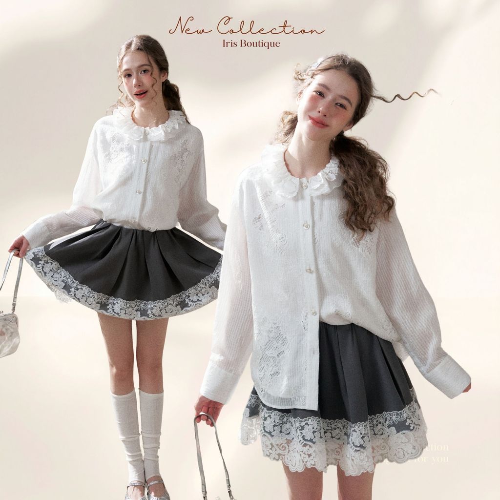 Original Design IRIS BOUTIQUE 26ss Trims seriesIS73775-IK19157-1Sweet Lace Detail Shirt Skirt Setชุดเสื้อเชิ้ตและกระโปรง