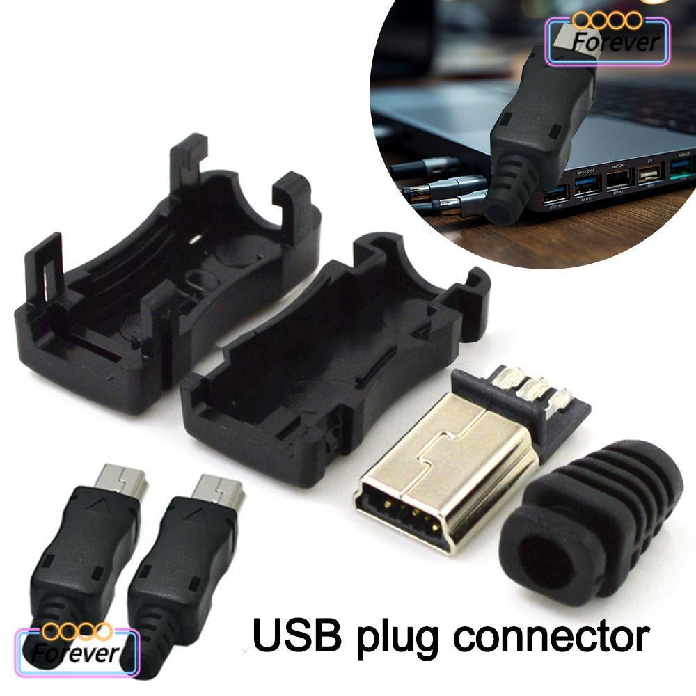 FOREVER Mini USB Male Connector, Mini USB Jack DIY USB 2.0 Jack, 5Pin Plug Socket Data Cable Connector 5Pin 4 In 1 ประกอบสายไฟพร้อมฝาครอบพลาสติก