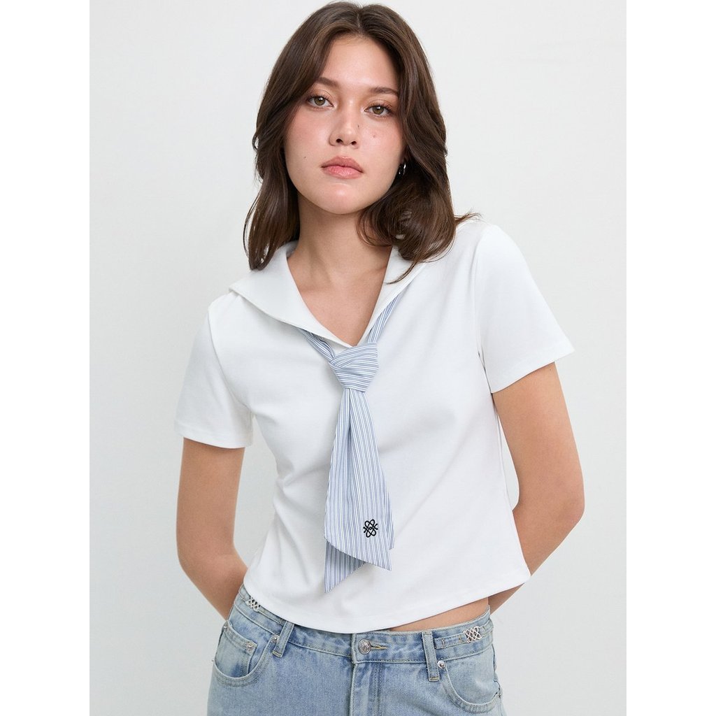 [Pomelo] เสื้อคอกะลาสีแขนสั้นพร้อมเนคไท / Sailor Collar Ribbed Top with Detachable Tie