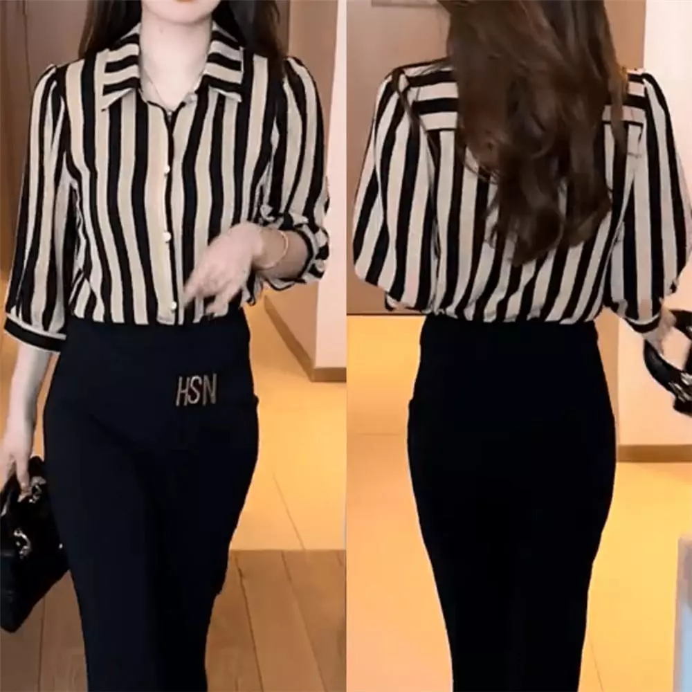 Black#เสื้อเชิ้ตลายทางแขนสามส่วน ทรงหลวม ระบายอากาศดี สไตล์เกาหลี ใหม่2026 รุ่นw709