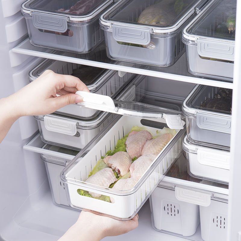 ภาชนะเก็บตู้เย็นพร้อมฝาปิดใส, Airtight Food Freezer Organizers สําหรับห้องครัว, ตะกร้าท่อระบายน้ํา F