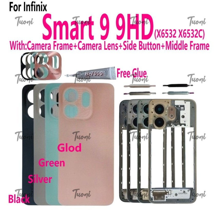 สําหรับ Infinix Smart 9 9HD X6532 X6532C ฝาหลังแบตเตอรี่ประตูกรณีกรอบกลางเลนส์ Volume Up Down ปุ่มฝาครอบด้านหลังฝาครอบเปลี่ยนชิ้นส่วน