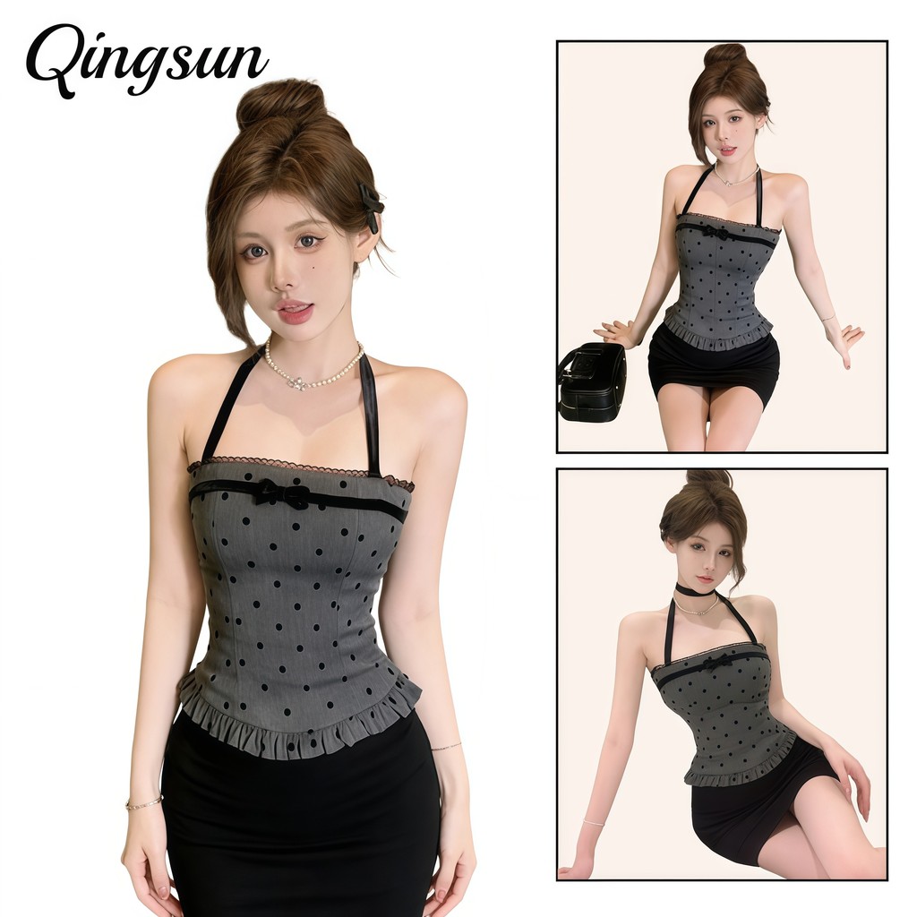 Qingsun เสื้อสายเดี่ยวแฟชั่นผู้หญิงแบบคล้องคอ ลายจุด สีเทา นุ่มและเซ็กซี่ เหมาะกับการใส่ในชีวิตประจำ