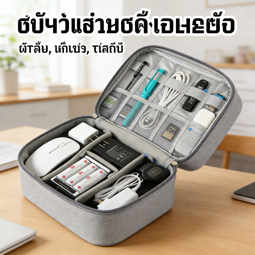 เก็บสายชาร์จ พกพา แบบทนทาน กันน้ํา กระเป๋าผ้าโพลีเอสเตอร์ จัดระเบียบ สำหรับ(28x22x4cm.)
