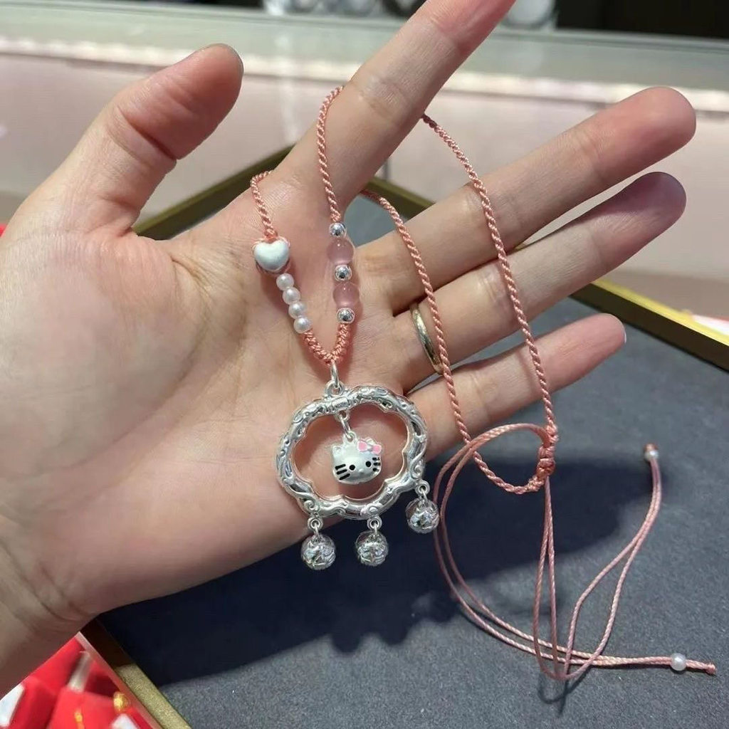 สร้อยคิตตี้ KT แมวเมฆมงคลสร้อยคอล็อคนิรภัย hellokitty กระดิ่งแมวน่ารักเรียบง่ายคู่ของขวัญเทศกาล Qixi