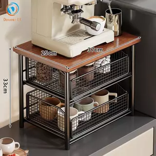 [Dovewill] Coffee Station Organizer Coffee Bar Counter Shelf with Drawer Iron Wood Pod Holder Multifunctional Rack เหมาะสําหรับโฮมออฟฟิศ Pantry