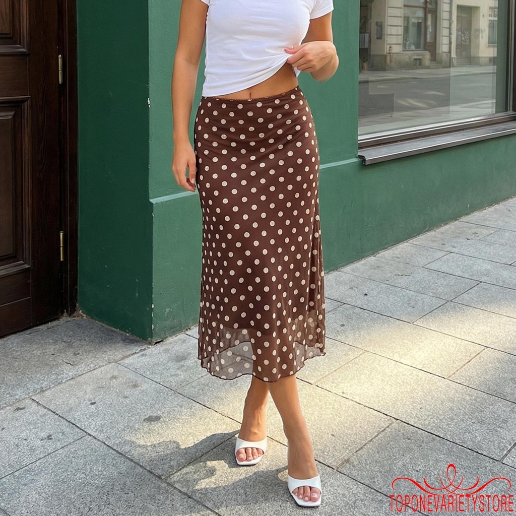 กระโปรงยาวแฟชั่นพิมพ์ลายรุฟเฟิล-flowy ตาข่าย สำหรับใส่ลำลอง