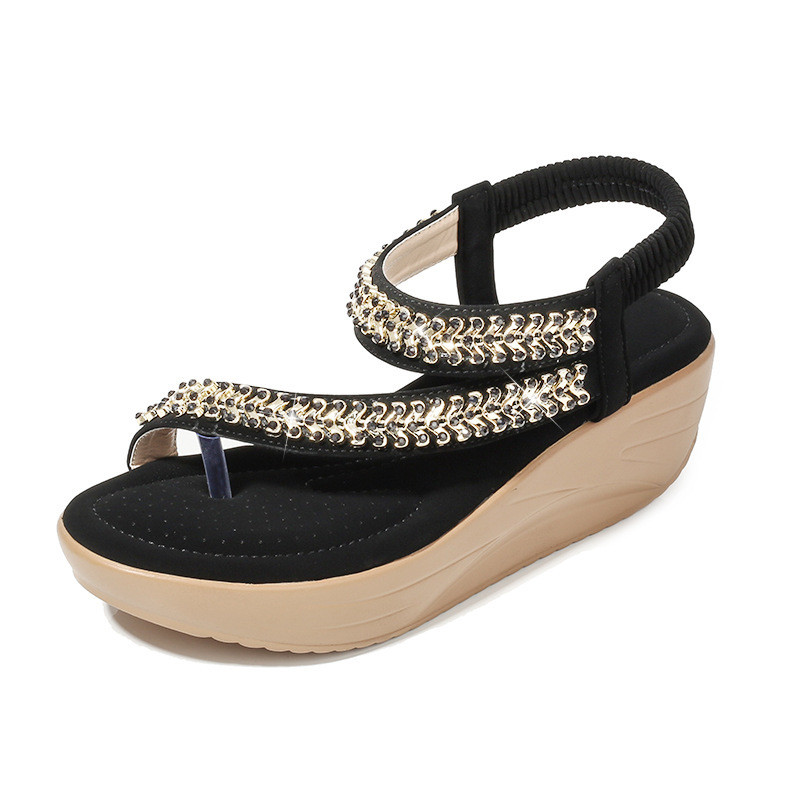 รอบToe Flip-Toeผู้หญิงรองเท้าแตะหนาSoled Wedge Heelแน่นเพชรขนาดใหญ่แฟชั่นBohem