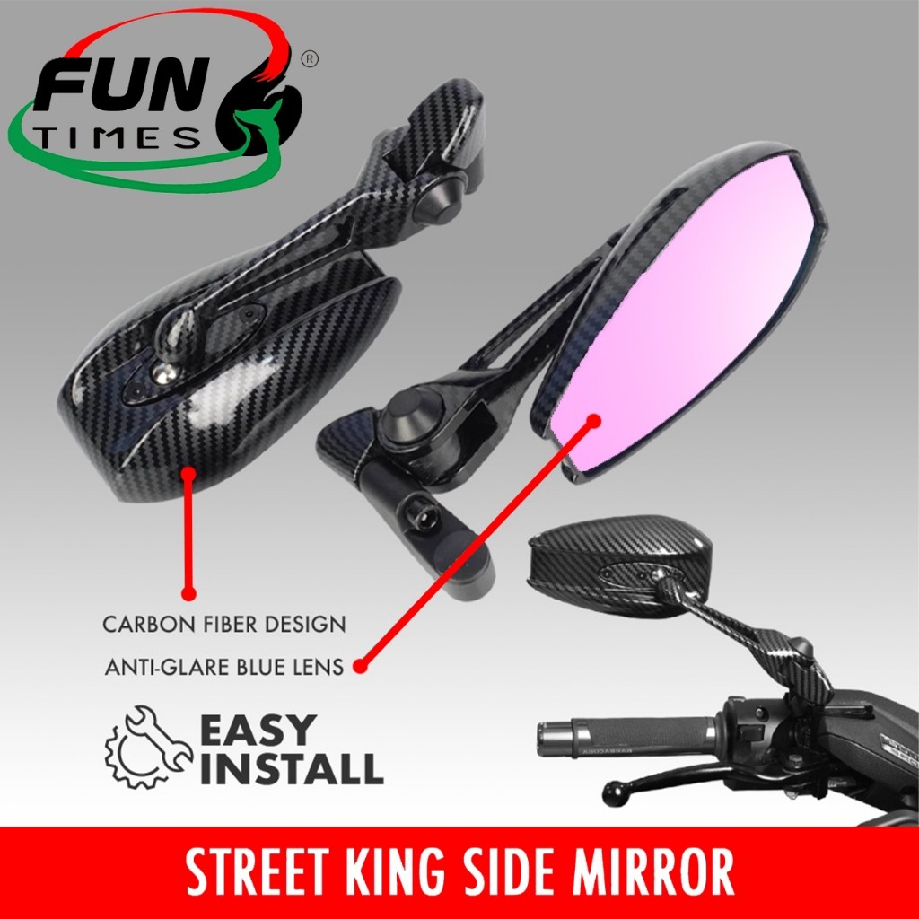 กระจกมองข้างมอเตอร์ไซค์ Carbon Street King ป้องกันแสงสะท้อน ปรับได้ 360° เลนส์สีชมพู/ฟ้า กระจกมองหลัง