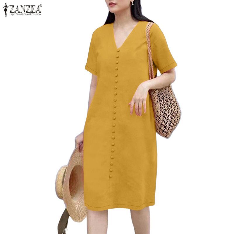 ZANZEA ใส่ ซานเซีย ผู้หญิงเกาหลีทุกวันสบายๆคอวีตกแต่งปุ่มแขนสั้นชุดสีทึบหลวม