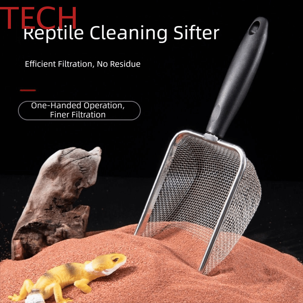 TECH เต่าถัง Litter Scooper, สแตนเลสสบาย Grip สัตว์เลื้อยคลานพลั่วทราย, พลั่วระบายน้ําลื่น Fast Sift